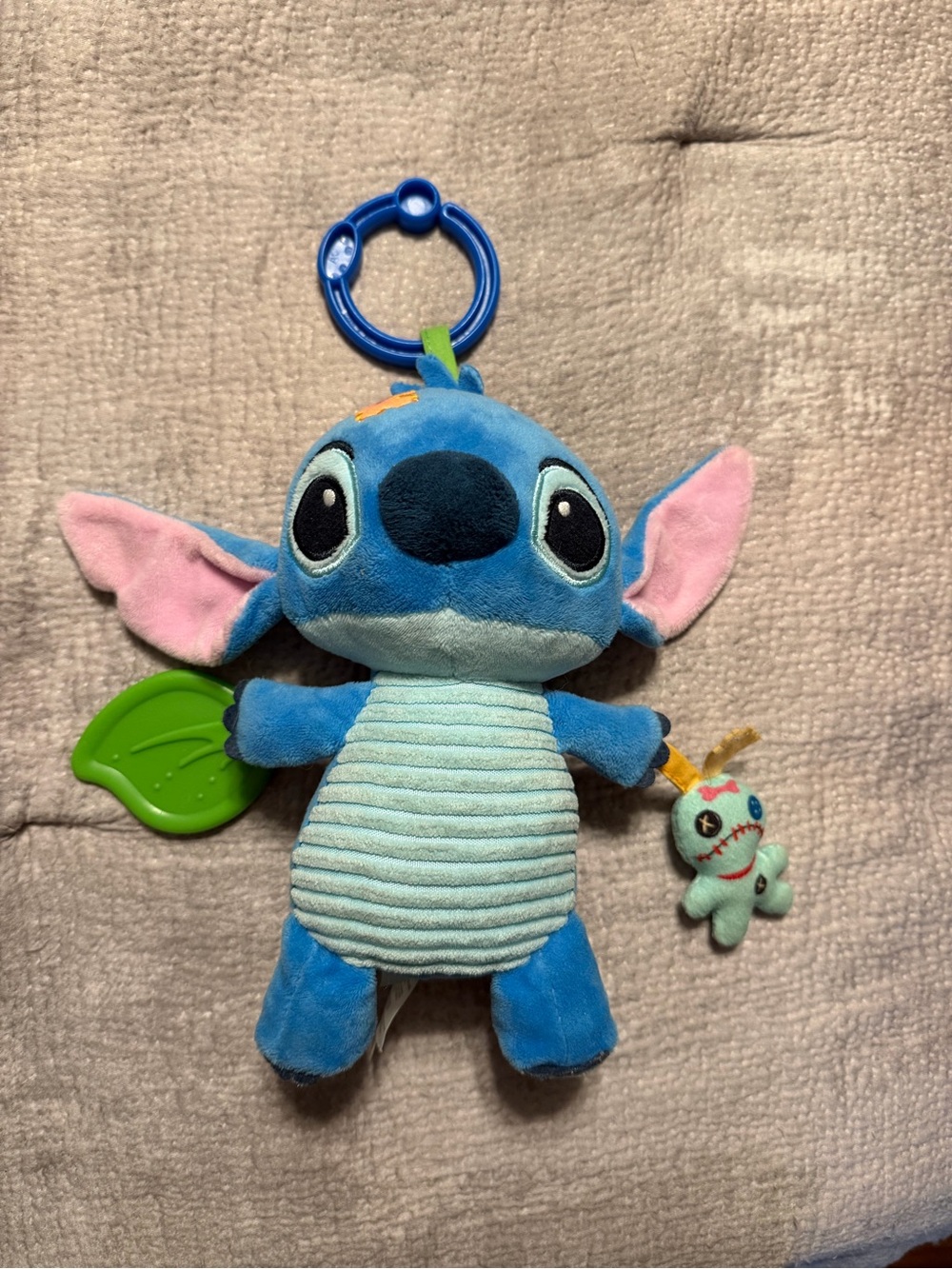 Disney Blue Stitch Plush Clip Toy with Pink Ears and Green Teether
